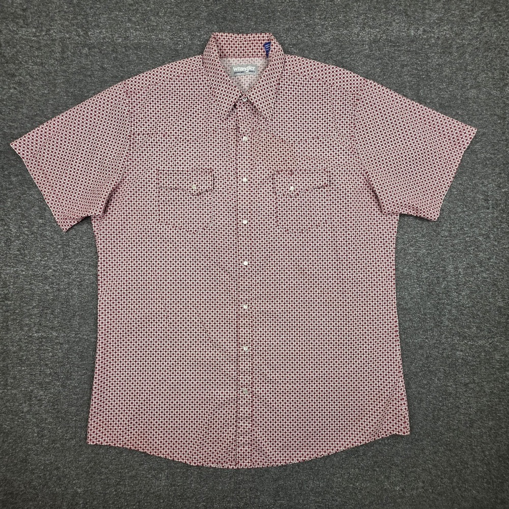 Wrangler Western Pearl Snap Shirt Sz XL Tall Short Sleeve Red Geographic AOP